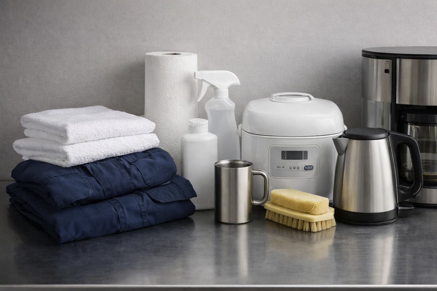 Cabin supplies including linens, cleaning products, food provisions, and crew consumables